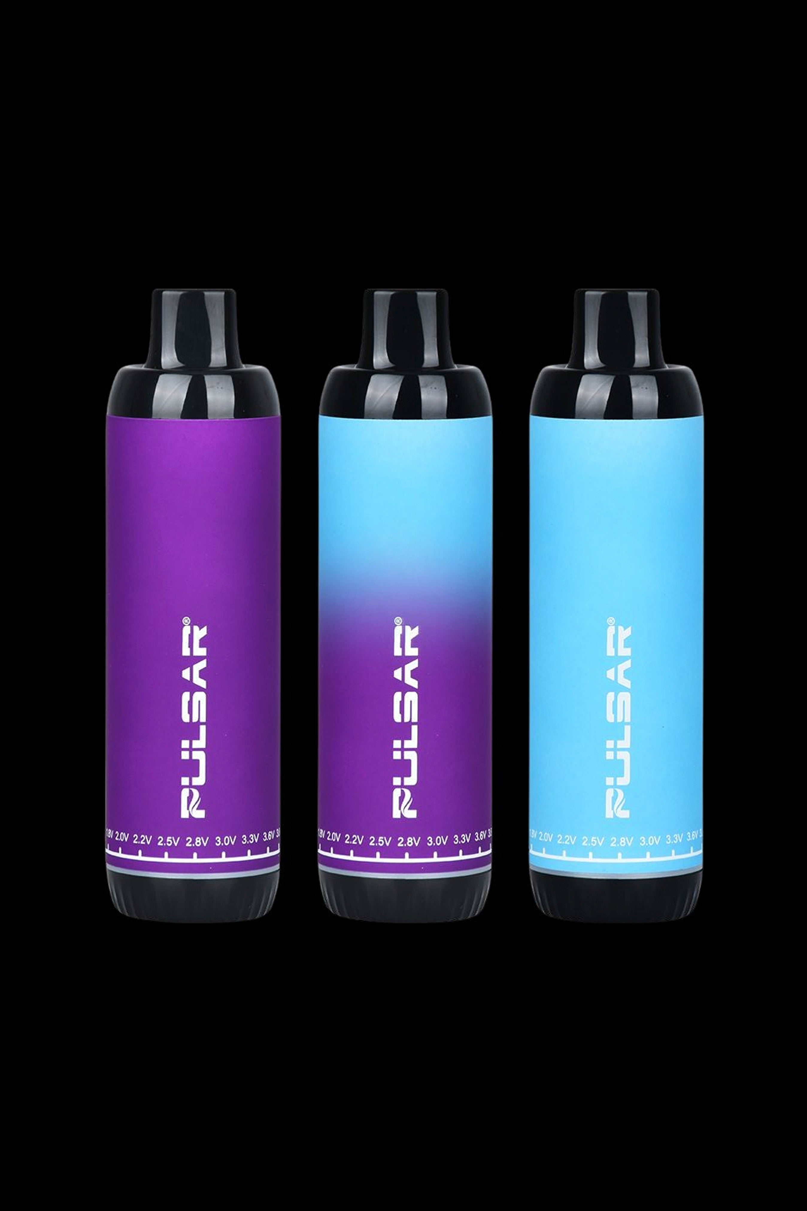 Three Pulsar vaporizers in purple, magenta, and blue with voltage settings displayed.