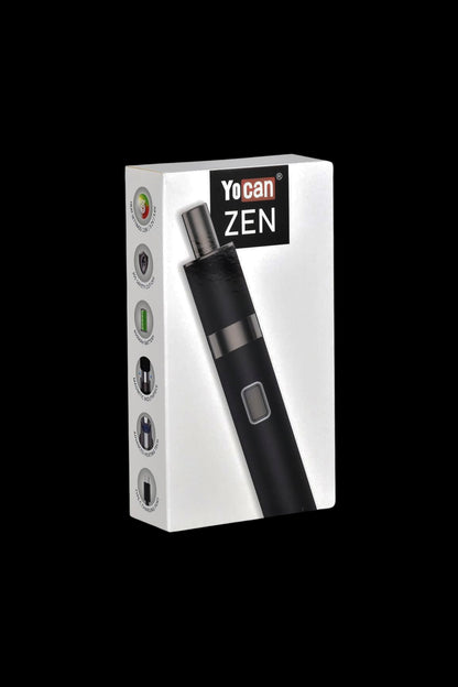 Yocan Zen cannabis vape pen packaging with product illustration and feature list.