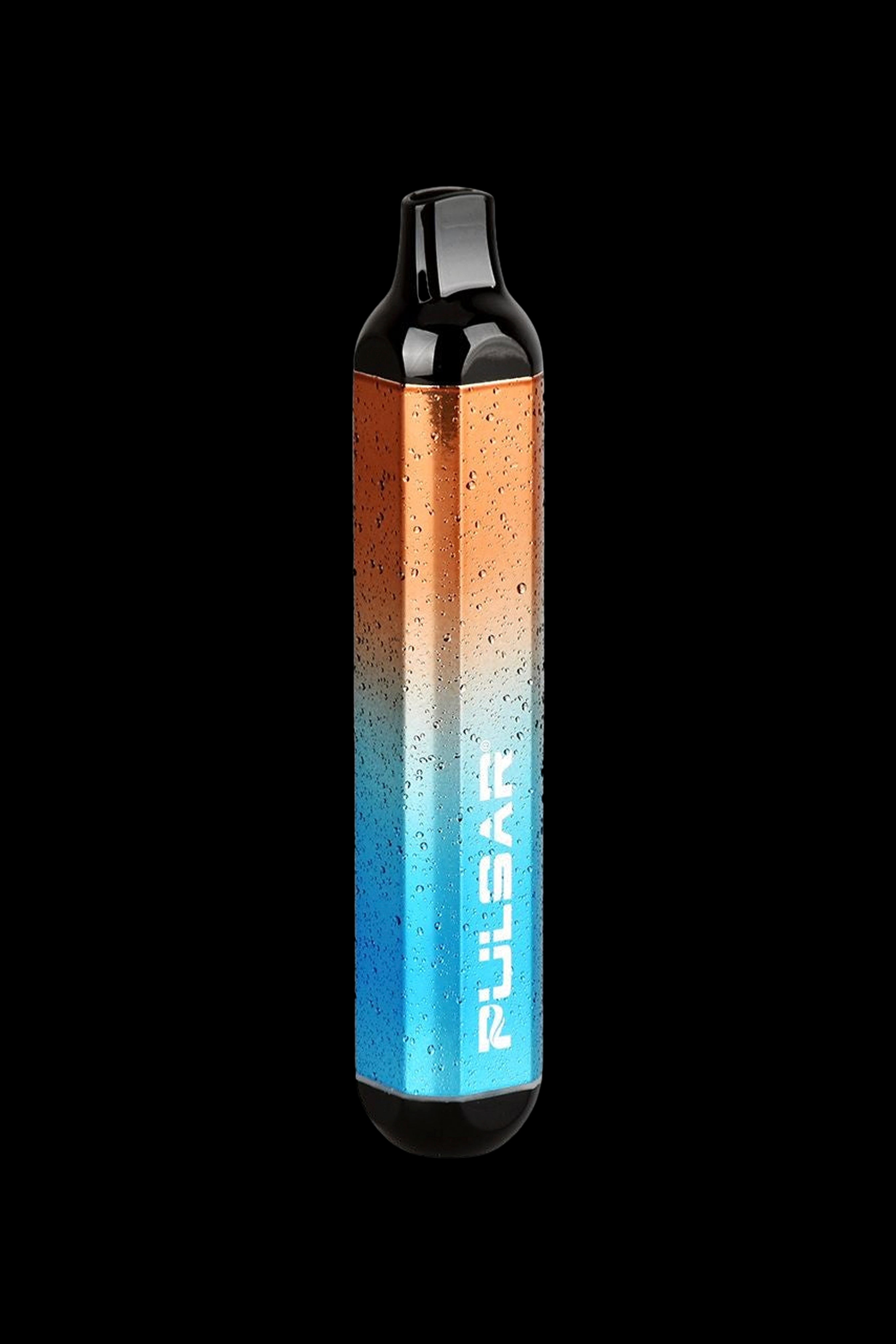 Disposable cannabis vape pen with a gradient blue-to-orange finish and “Pulsar” branding.