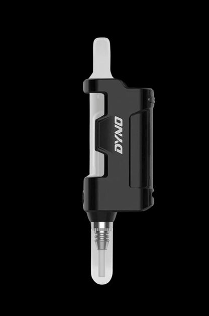 Black and silver Dyno oil vaporizer pen with a glass tank.