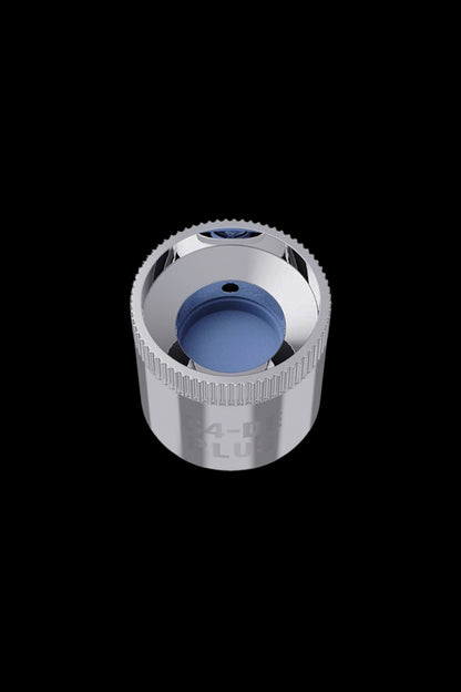 Close-up top-down view of the Yocan Cylo Replacement Coil - 5ct showing its metallic threaded rim and blue ceramic chamber against a black background.