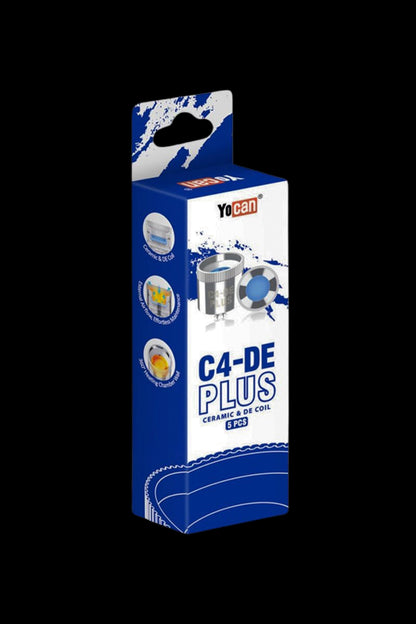Angled close-up of the blue-and-white retail box for Yocan Cylo Replacement Coil - 5ct against a black background, showing product icons and branding.