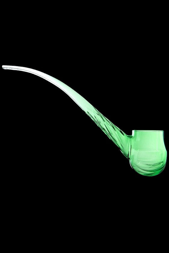 Side profile of a translucent green Puffco Proxy Wizard glass piece with a long curved stem set against a black background.