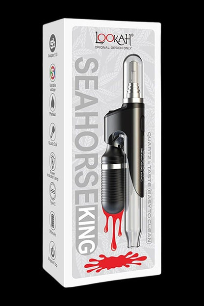 A white box for “Seahorse King” cannabis water pipe with a black and red glass pipe inside.