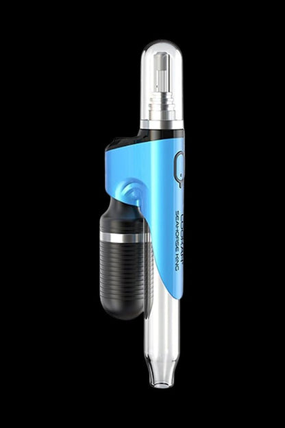 Blue and silver cannabis oil vape pen with glass cartridge.
