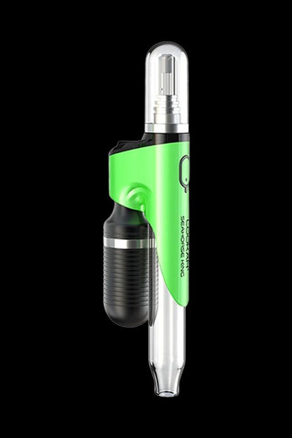 Green and black cannabis oil vaporizer pen with a glass mouthpiece.