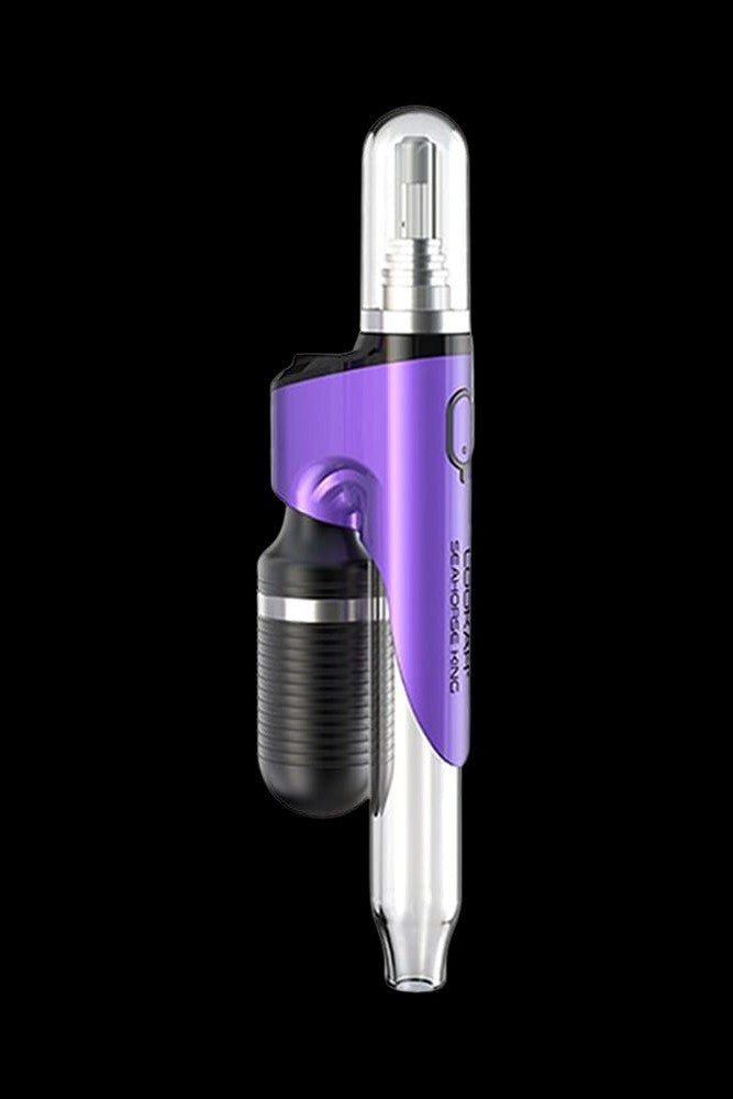Purple cannabis oil vape pen with a glass cartridge.