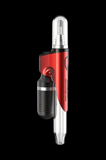 Red and silver cannabis oil vape pen with a glass mouthpiece.