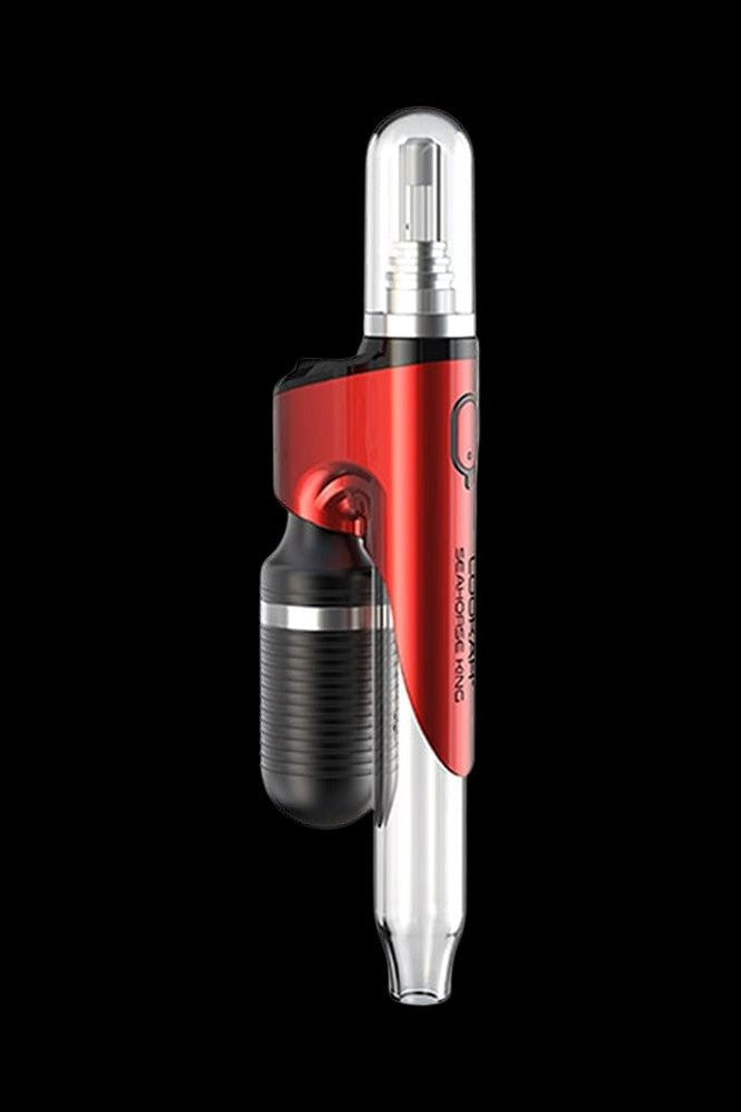 Red and silver cannabis oil vape pen with a glass mouthpiece.