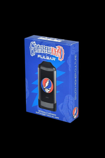Grateful Dead-themed Pulsar vape cartridge battery packaging with skull and roses logo.