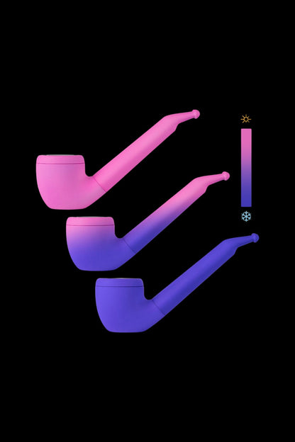 Gradient-colored glass pipes arranged diagonally with a sun and snowflake icon indicating temperature control.