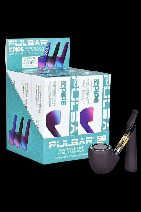 A retail box of Pulsar 510 color-changing vape cartridges with a sample cartridge displayed in front.