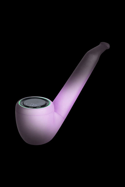 Modern cannabis pipe with glowing purple illumination.
