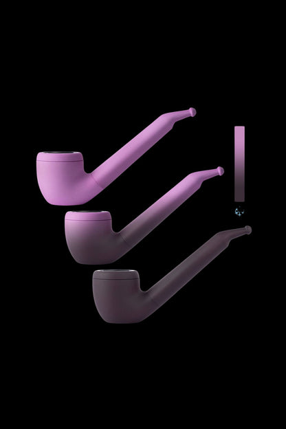 Four lavender-colored smoking pipes arranged diagonally against a black background, with smoke rising from one.