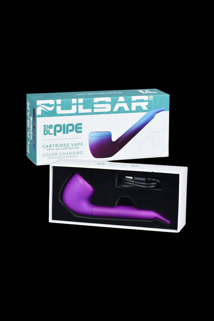 Pulsar 510 DL pipe cartridge vape with color-changing feature, shown in its packaging and as a product shot.