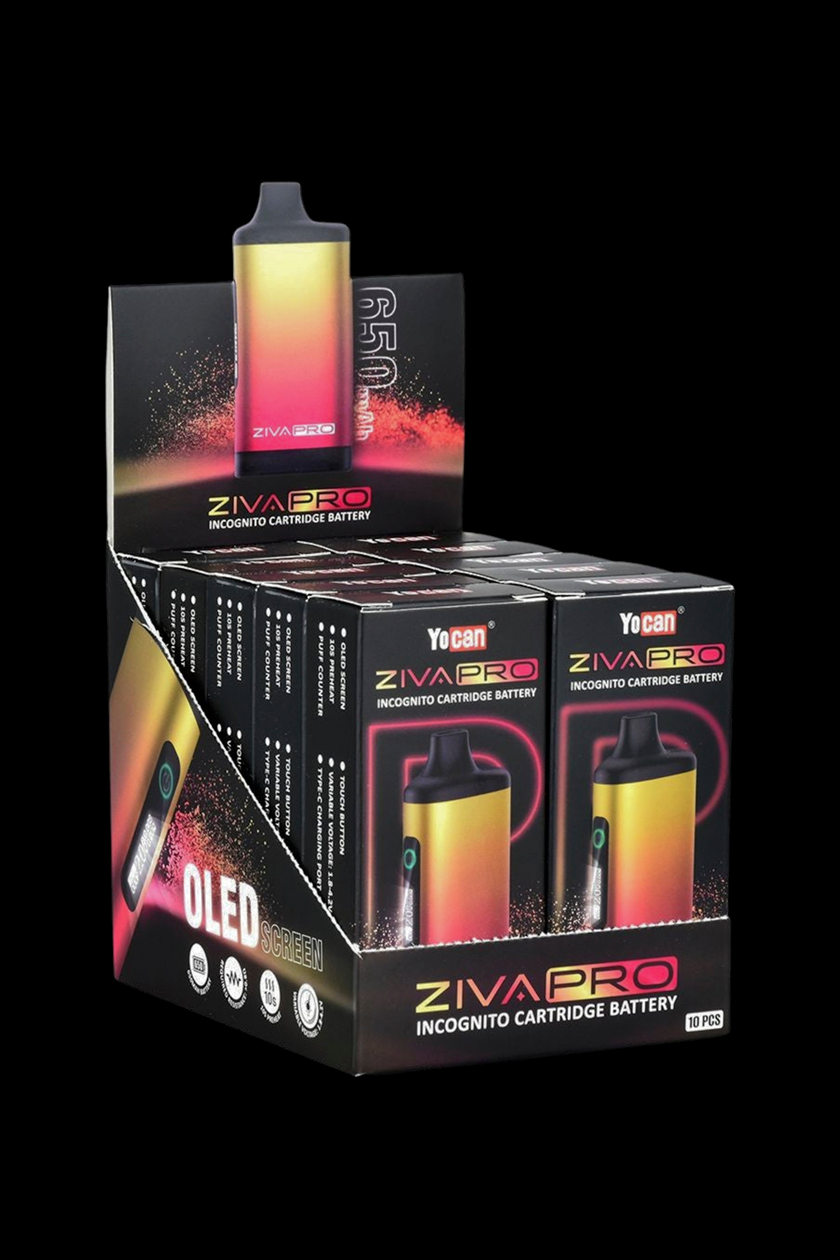 Yocan Ziva Pro Incognito Cartridge Battery packaging and device on black background.