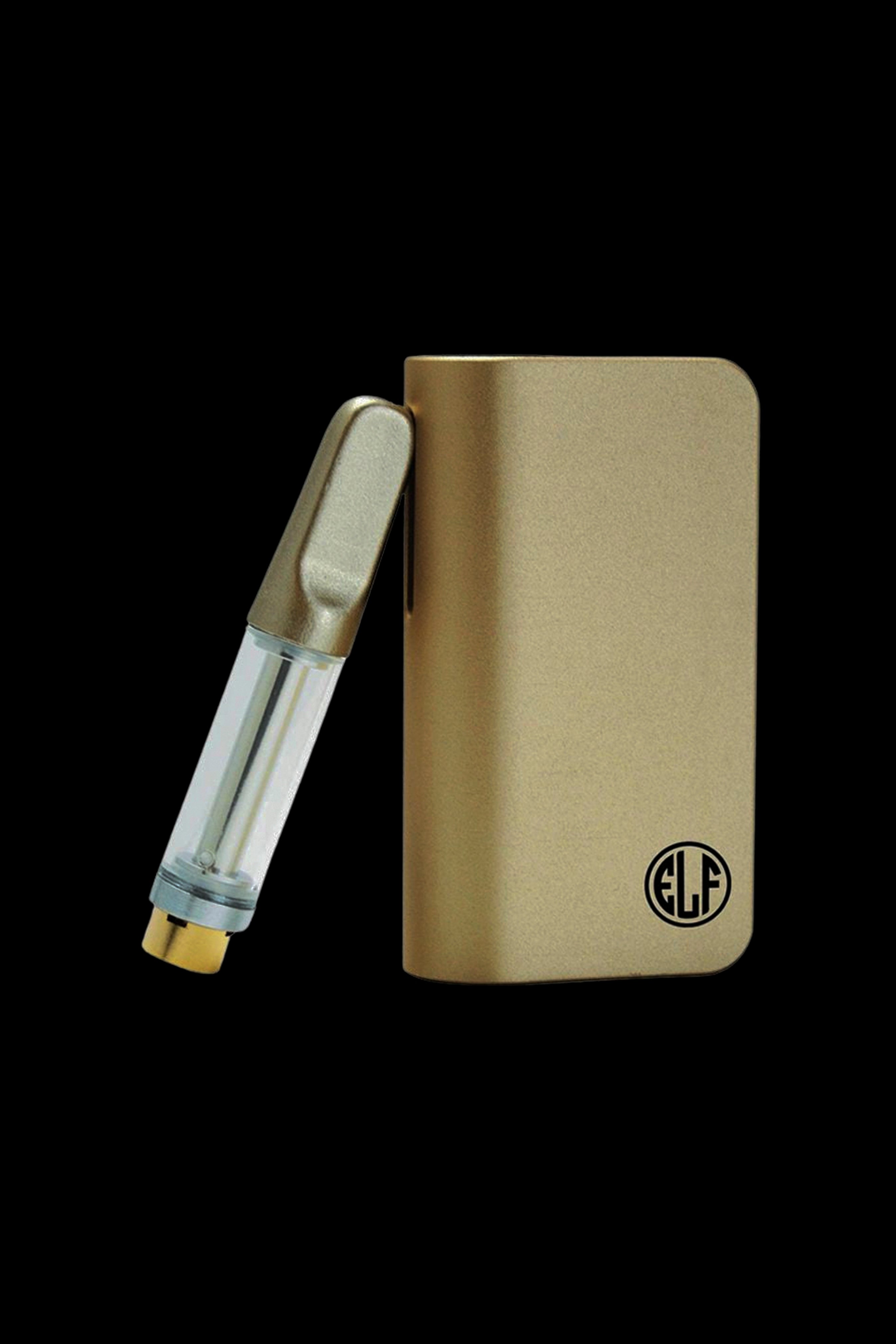Gold cannabis vape pen cartridge and charging case with “ELF” logo.