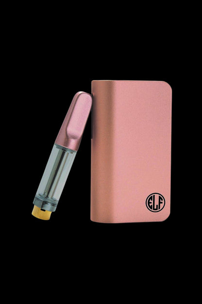 Rose gold cannabis vape cartridge and battery with “ELF” logo.