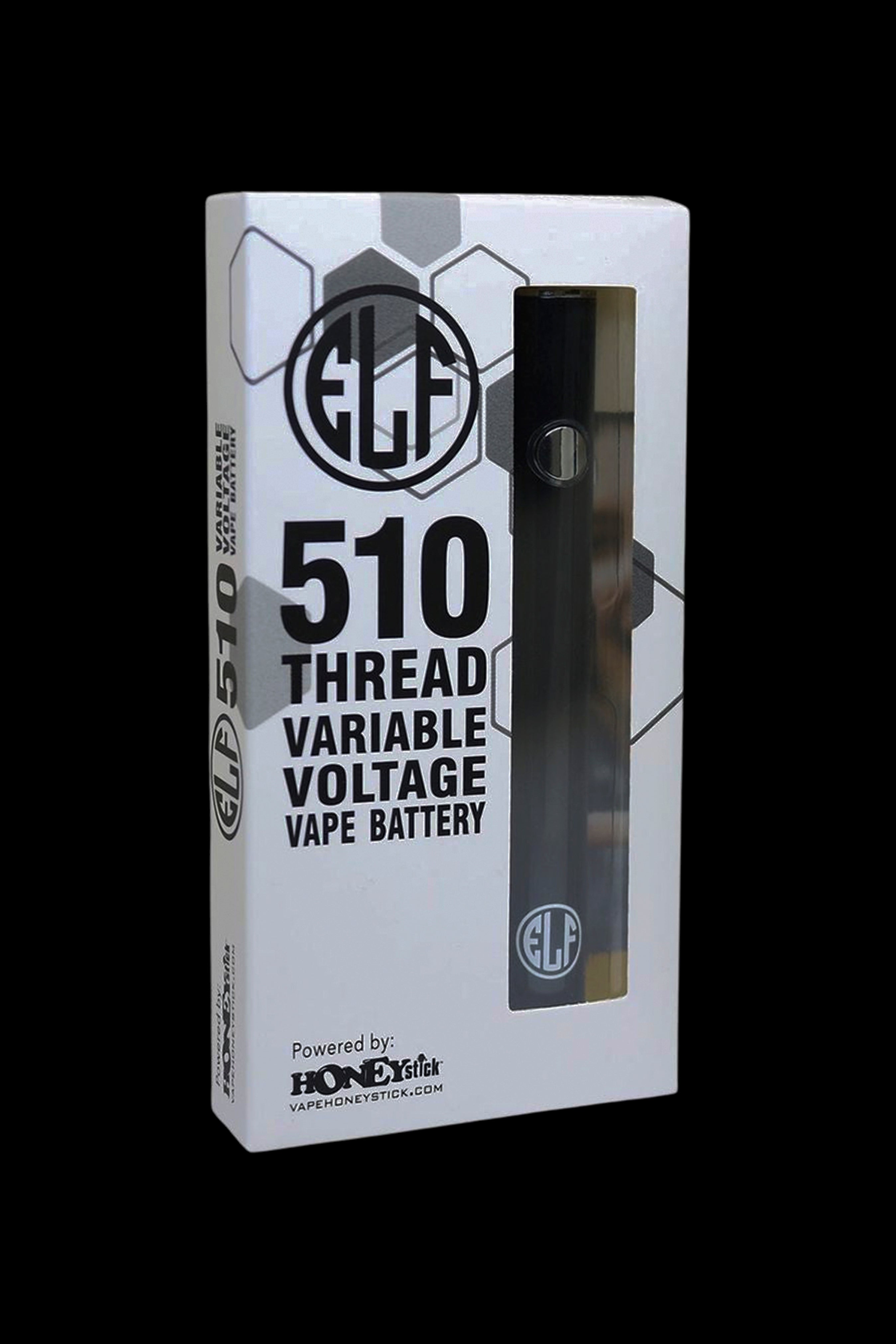Black and white packaging for an “ELF” 510 thread variable voltage vape battery, with the battery itself visible inside."