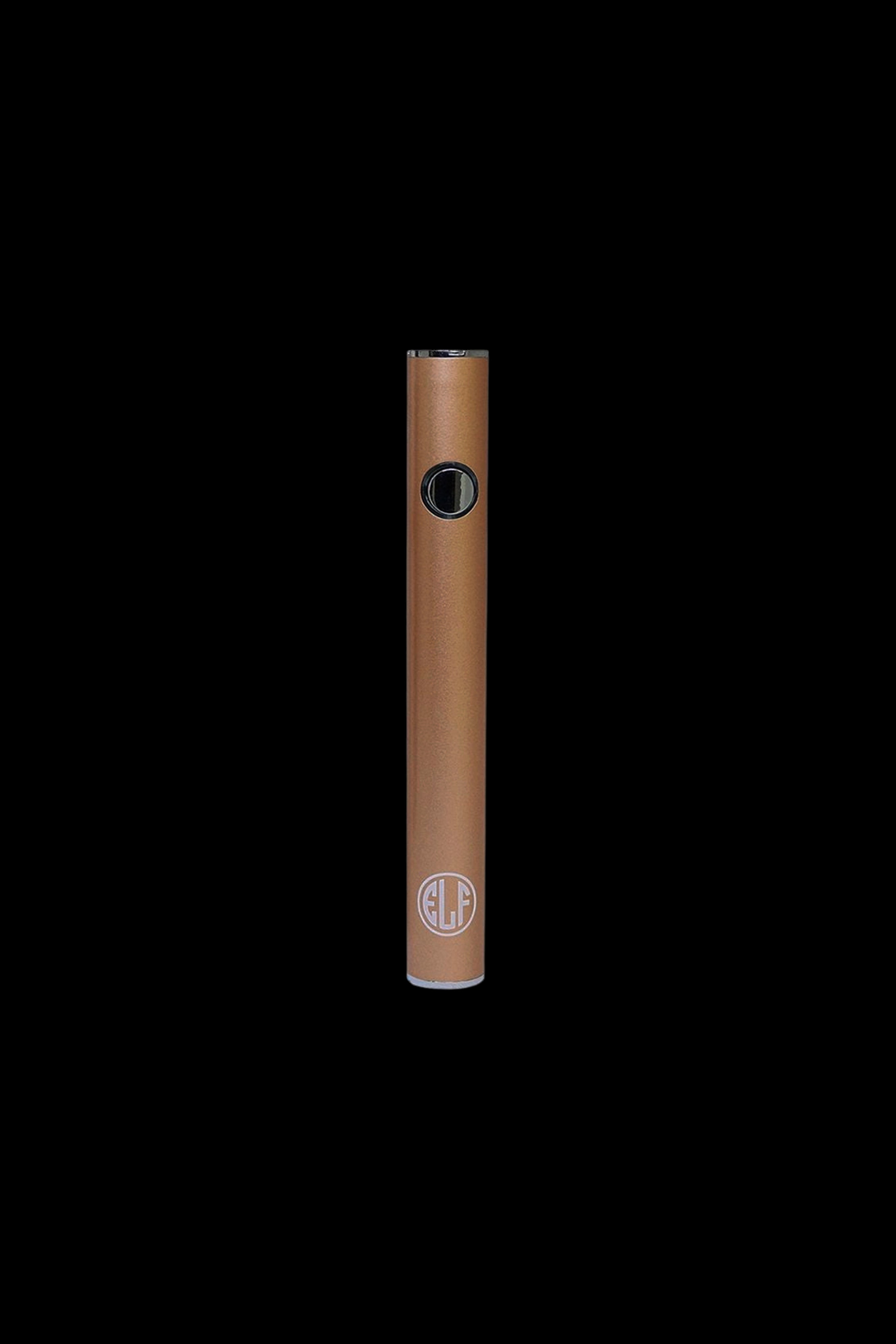 Bronze cannabis vape pen with button and logo.