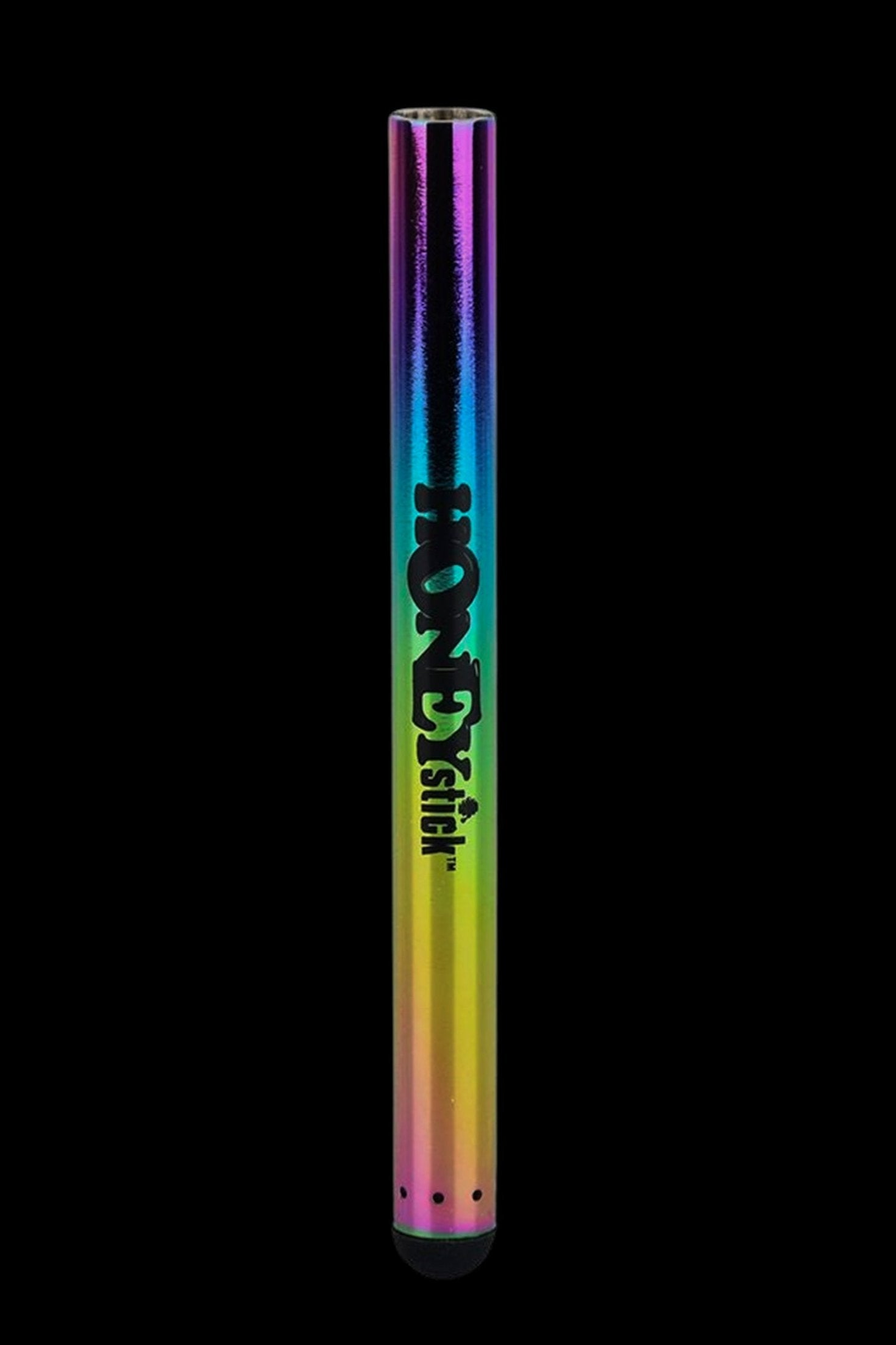 Iridescent cannabis oil vape pen with “Stick” branding against a black background.
