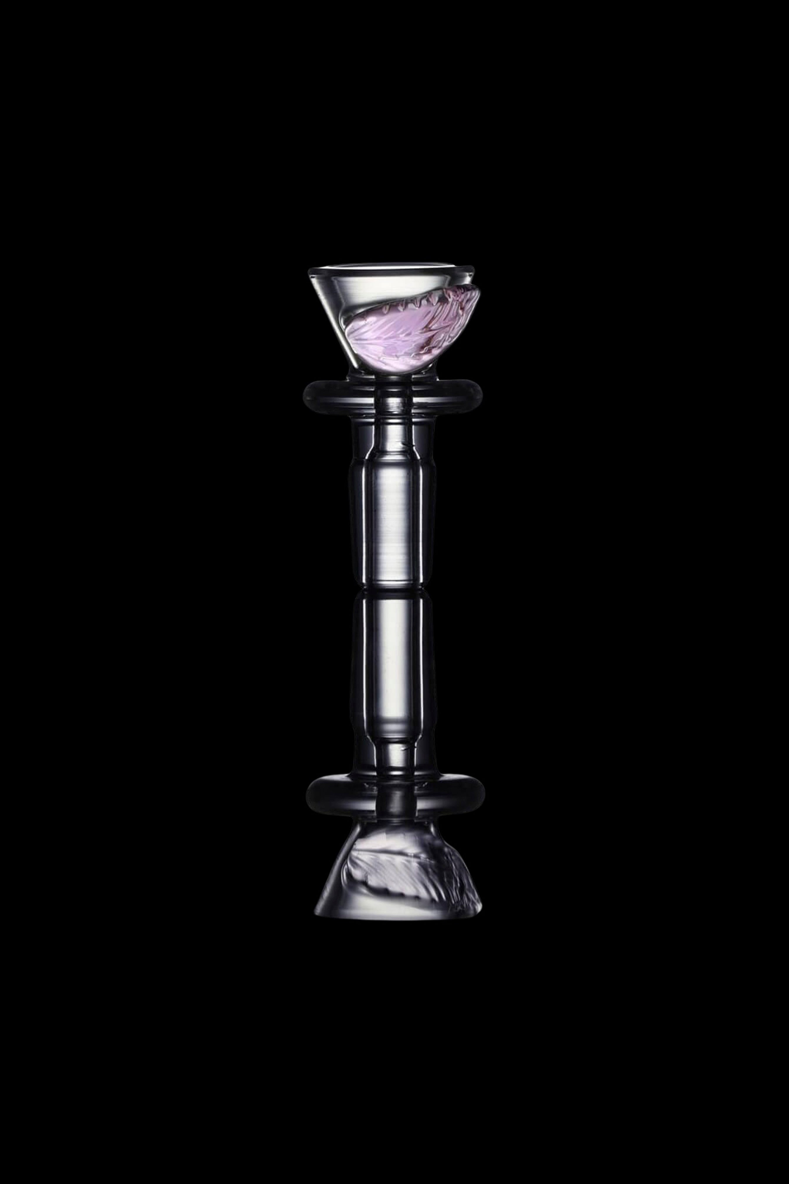 Tall black glass cannabis water pipe with iridescent accents.