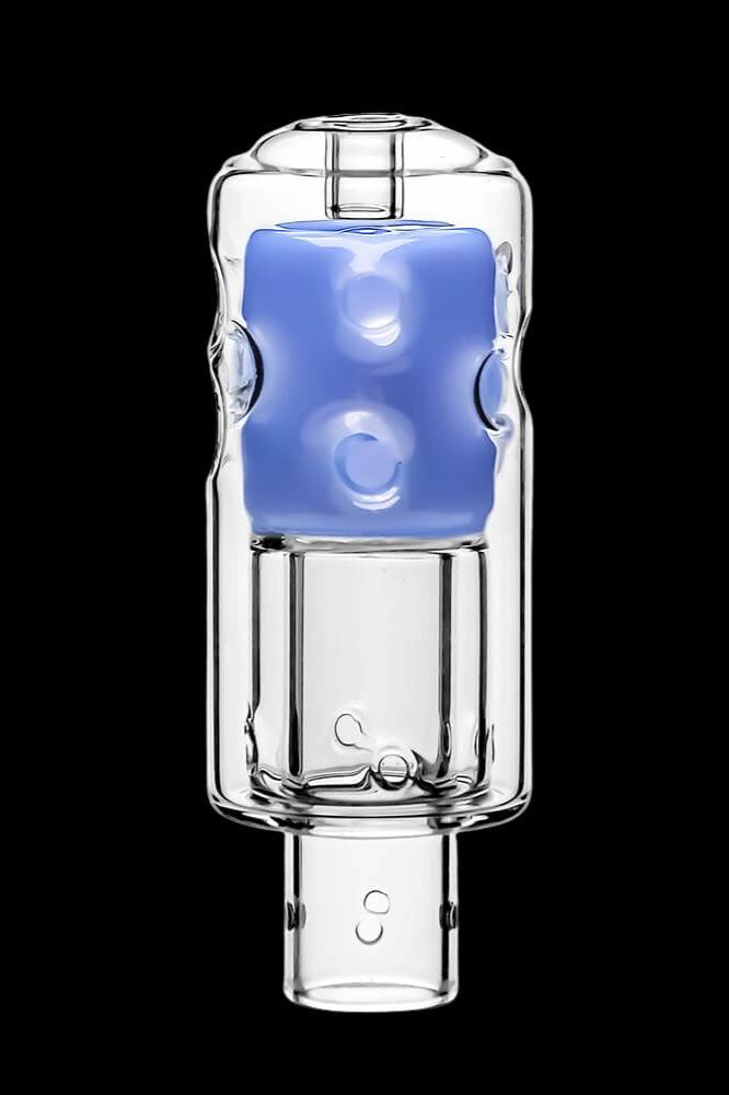 Blue glass bubbler with intricate design.