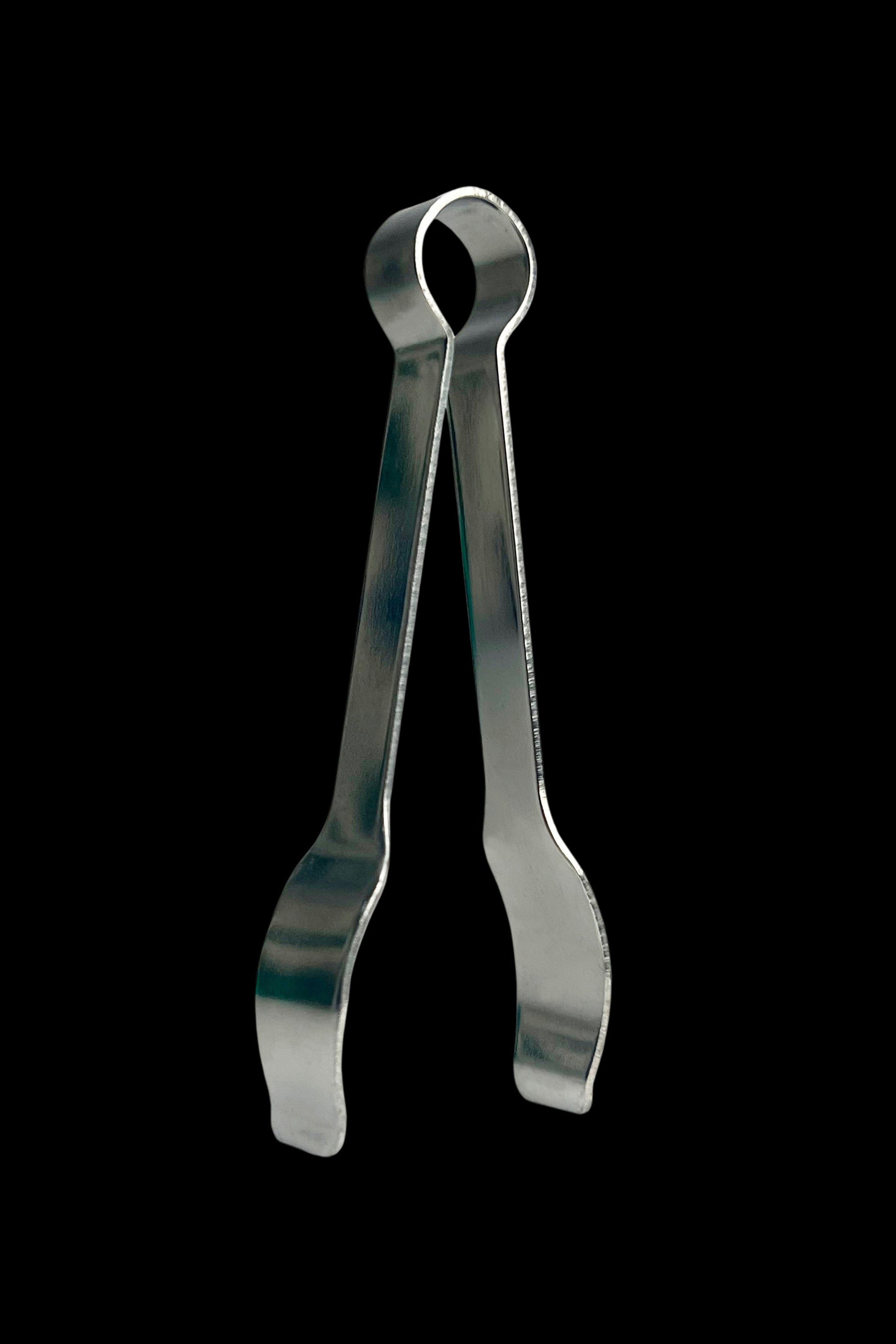 Silver cannabis tweezers against a black background.