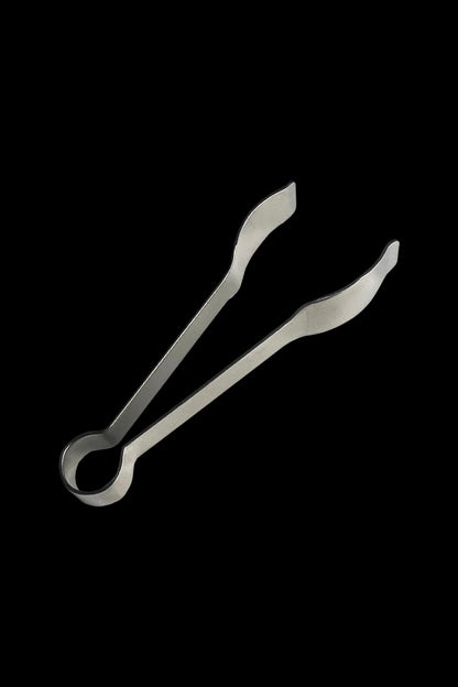 Silver cannabis tweezers on a black background.