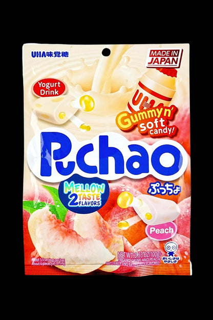 A brightly colored package of “Pchao” gummy candy with peach and yogurt drink flavors, marketed as “Mellow 2 Taste.”