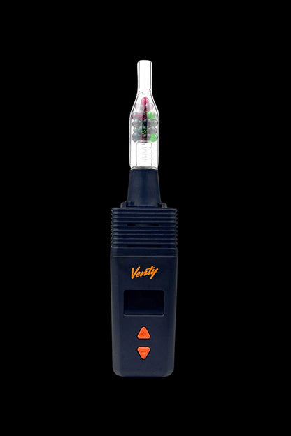 Black and silver “Venty” portable cannabis vaporizer with a glass mouthpiece, displayed against a dark background.