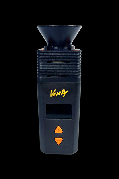 Close-up front view of the Venty Vaporizer Herb Funnel showing its black funnel top, ribbed neck, yellow "Venty" logo, and orange control buttons against a black background