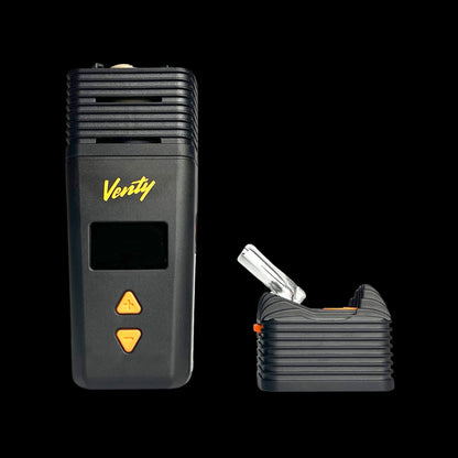 Black Ventty portable vaporizer with digital display and open mouthpiece component on a dark background.