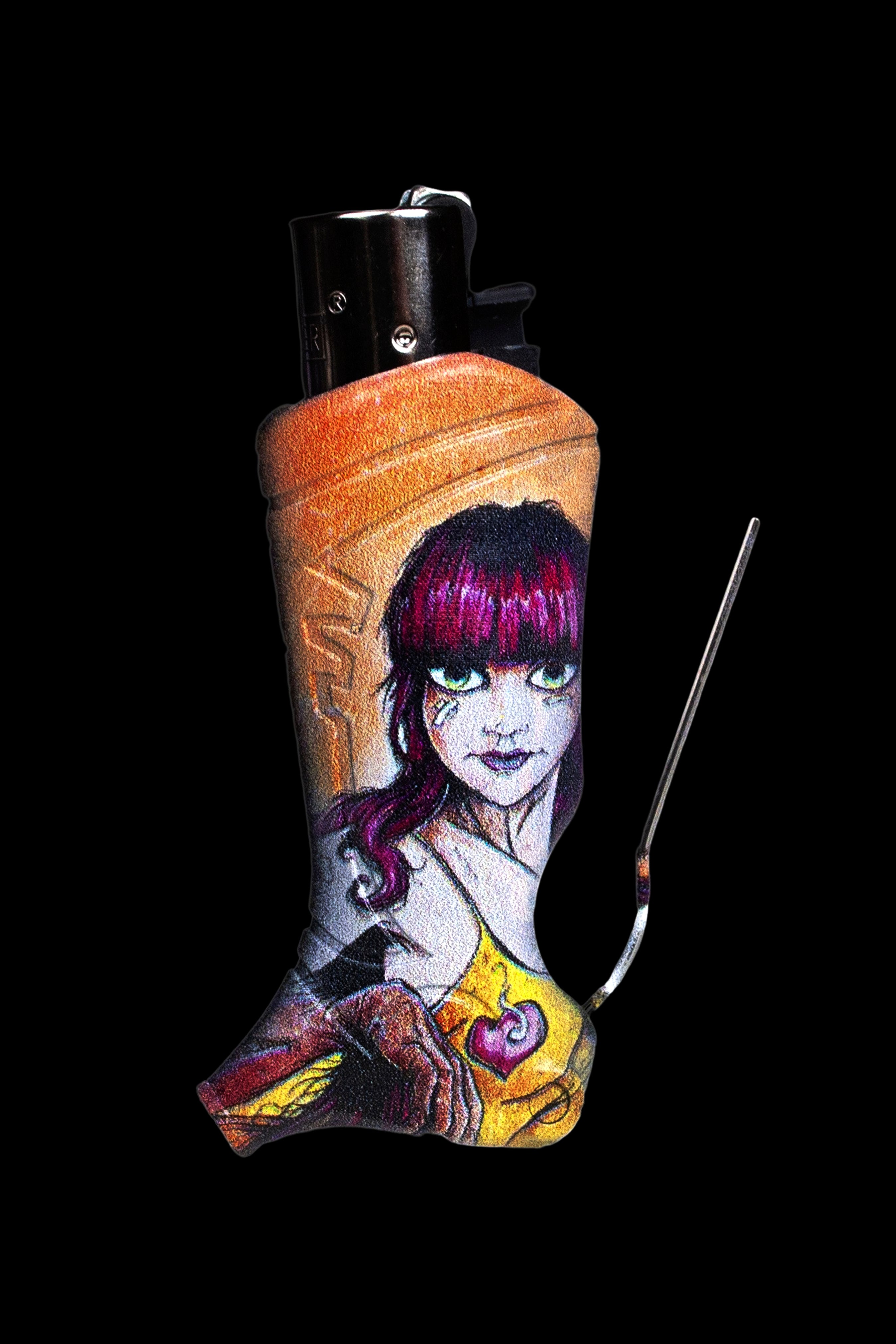 A butane lighter sleeve depicting a zombie-like woman with purple hair and distressed makeup, against a black background.
