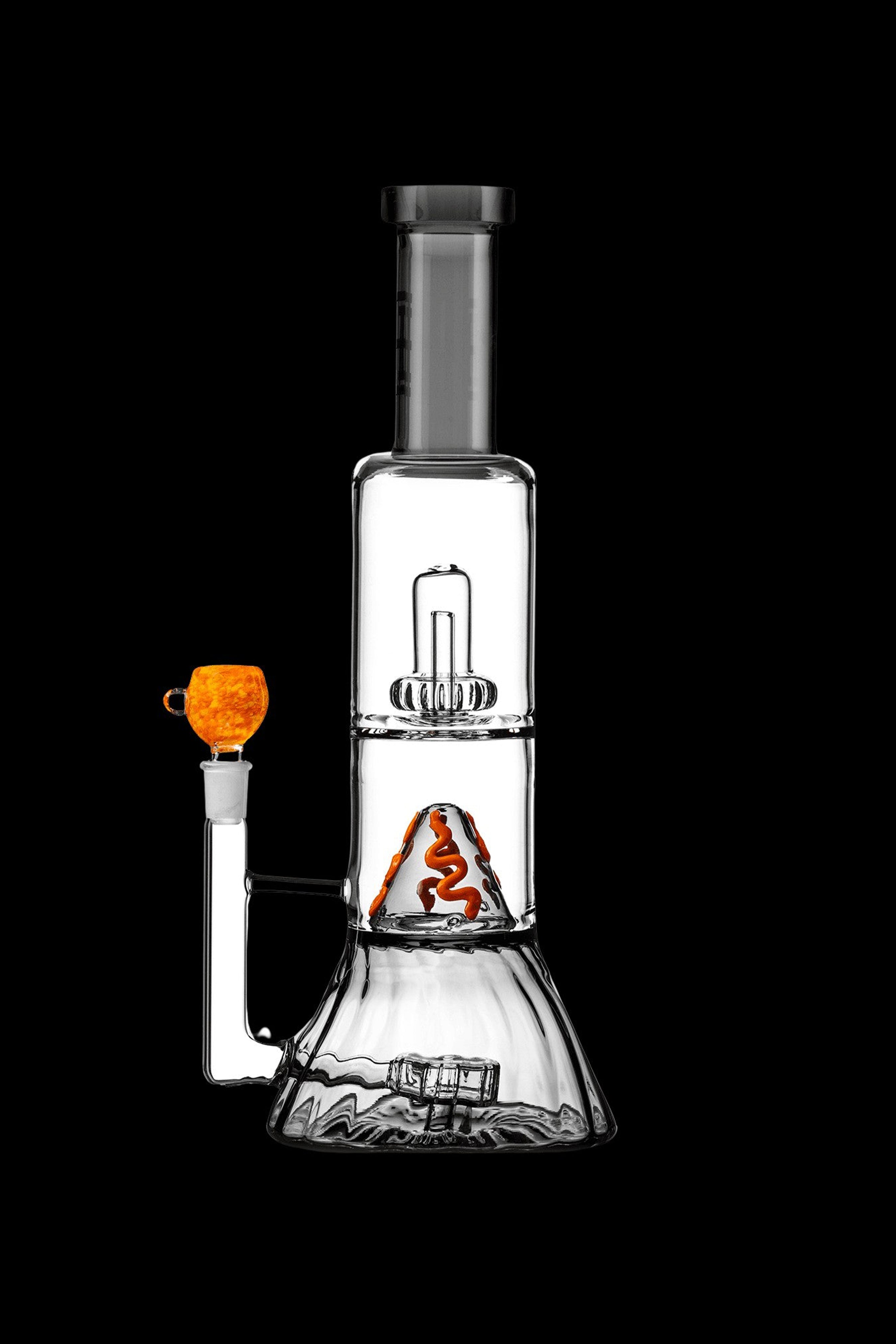 Glass water pipe (bong) with intricate design and orange accent.
