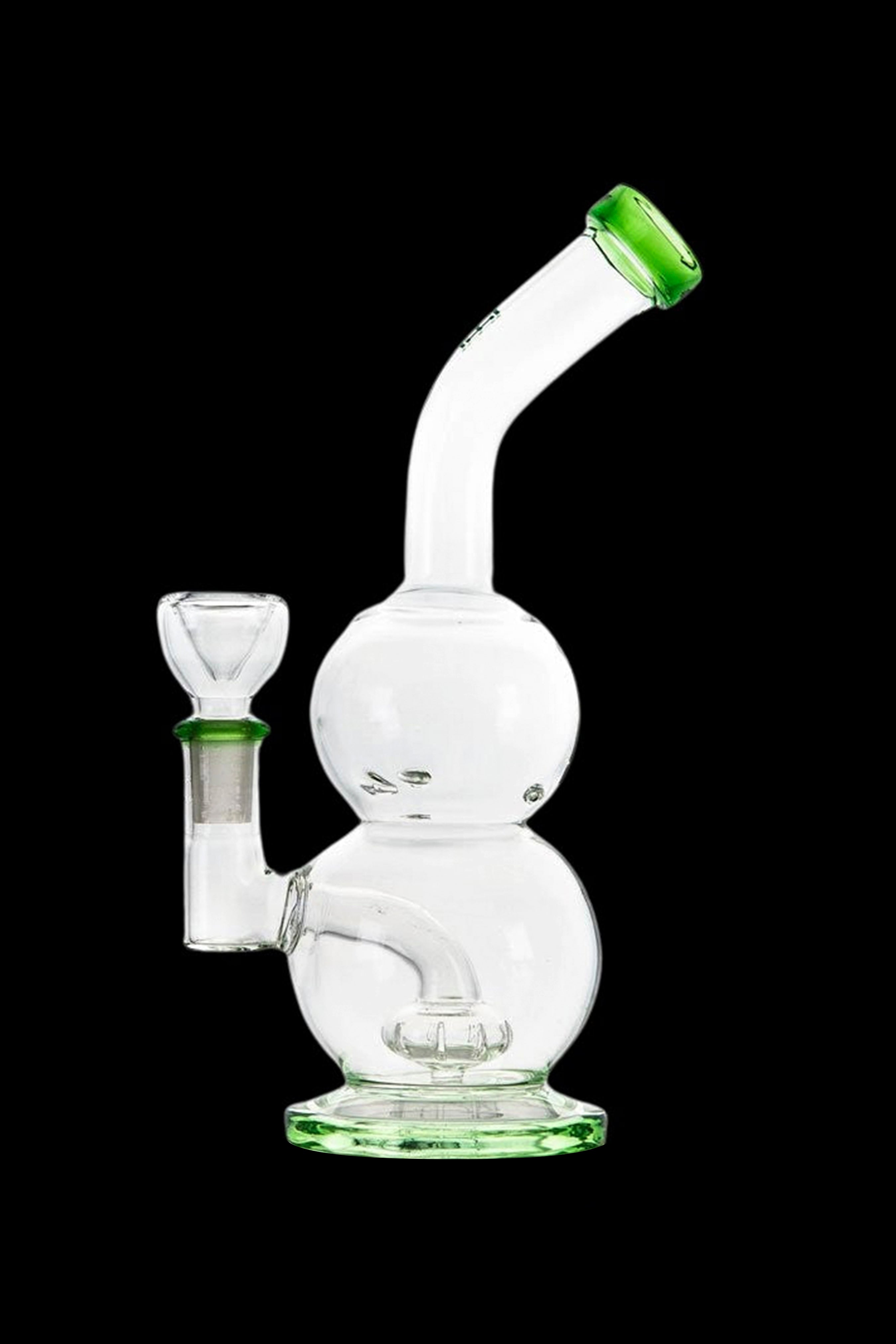Clear glass bubbler with green accents, used for smoking cannabis.