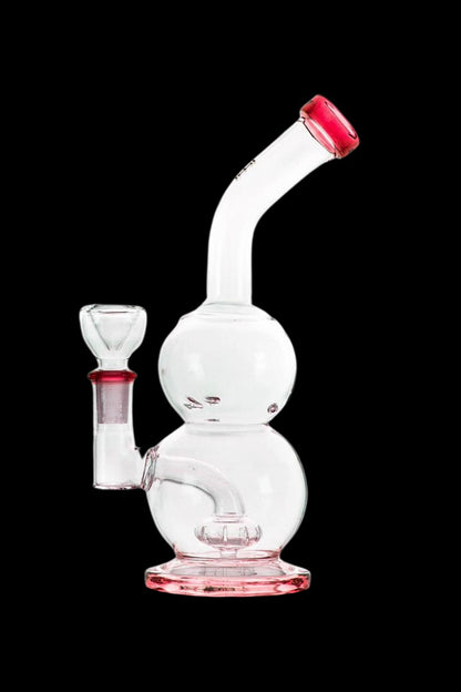 Clear glass bubbler water pipe with red accents.
