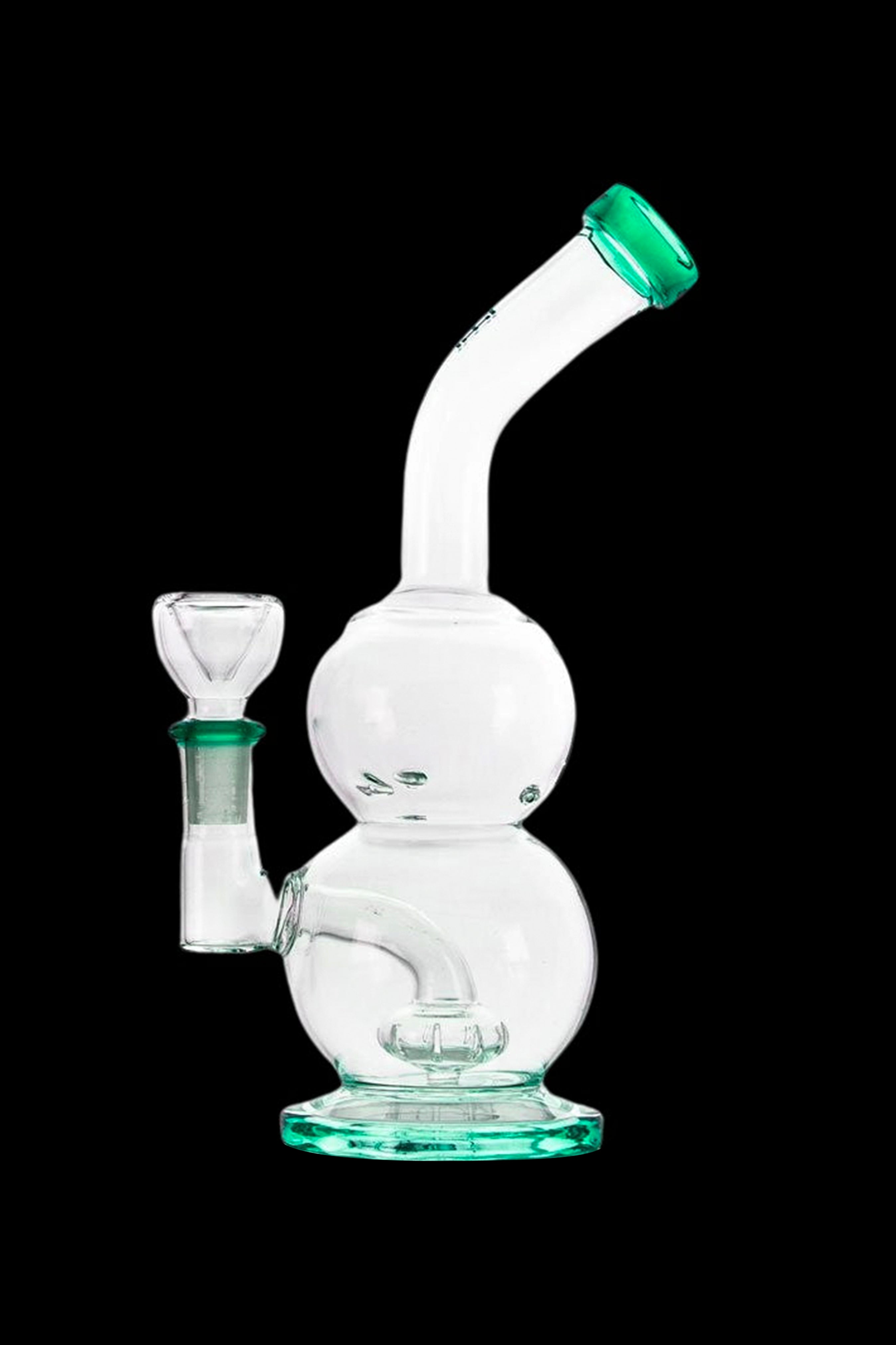 Clear glass bubbler with turquoise accents and a glass bowl.