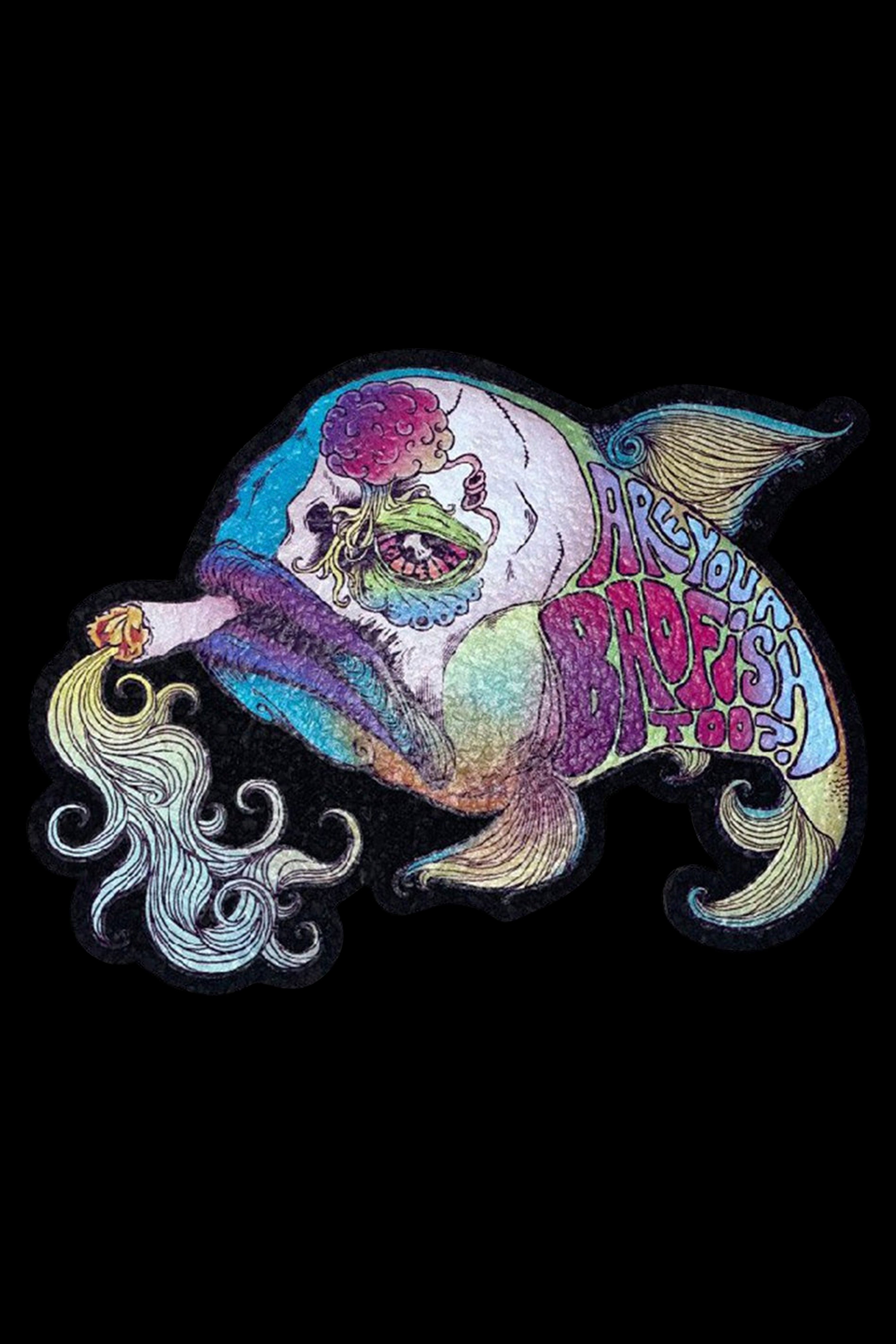 A psychedelic mermaid skeleton with a colorful, patterned tail and the words “Dry Your Buds” inscribed on it, surrounded by swirling smoke.