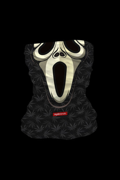 Black cannabis-leaf patterned hoodie featuring a white Scream mask design with a red “eyebnola” label.