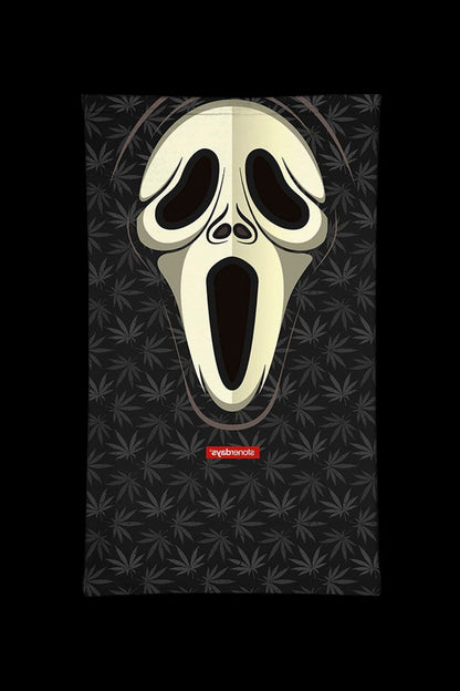 Scream mask graphic on a black background patterned with cannabis leaves, featuring a red "zysmone" logo.