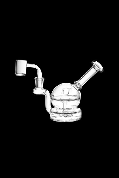 Clear glass dab rig with spherical body and angled mouthpiece, isolated on black.