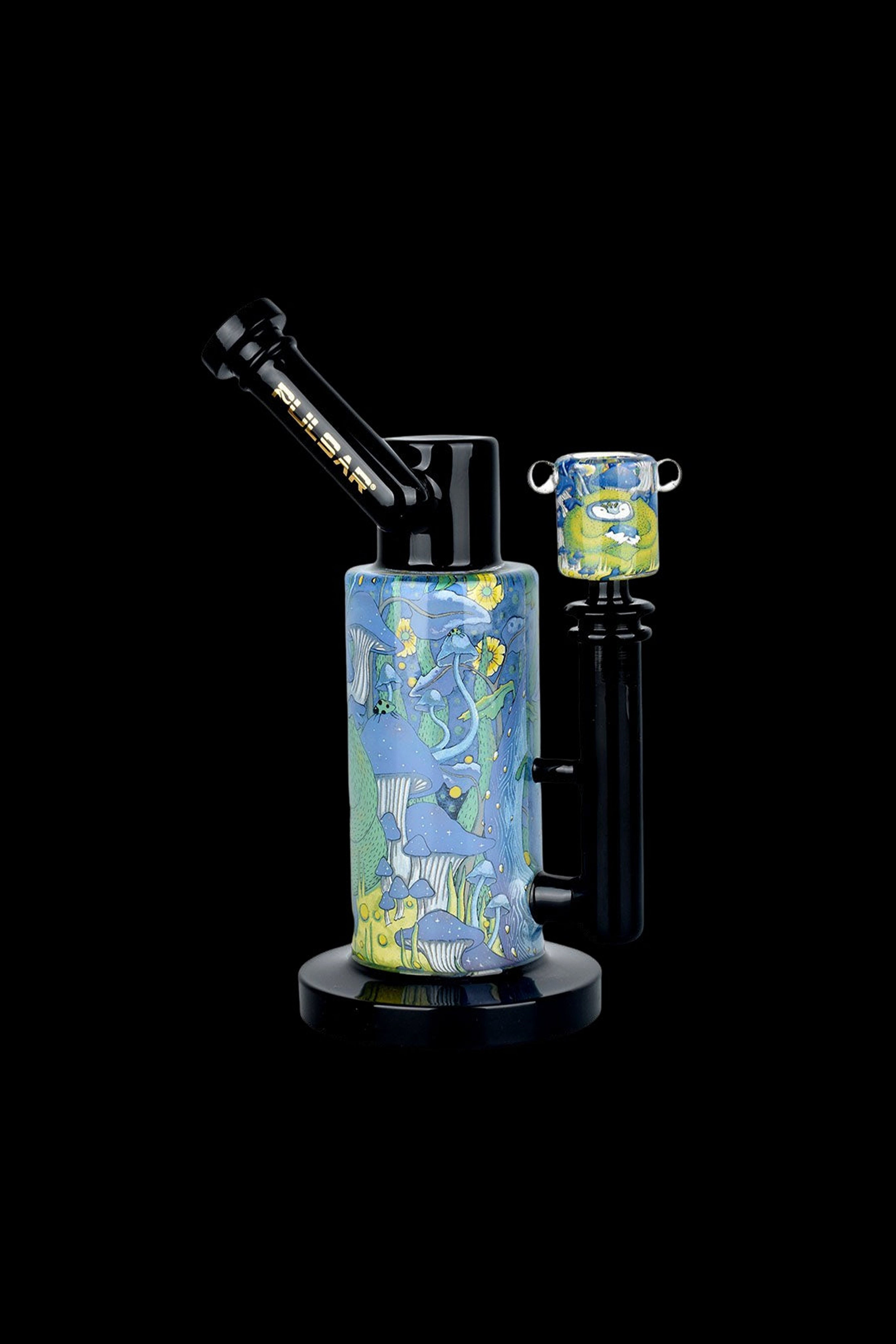 Artistic glass water pipe with a vibrant Van Gogh-inspired starry night design, featuring a clear mouthpiece and black accents, displayed on a black base.