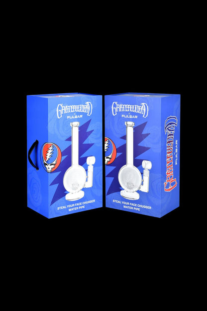 Two boxed glass water pipes branded with Grateful Dead imagery and labeled “Steal Your Face Chugger.”