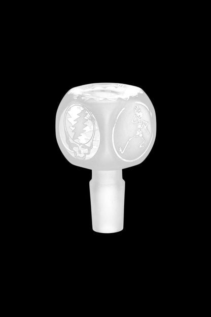 Glass cannabis bowl with etched Grateful Dead imagery.