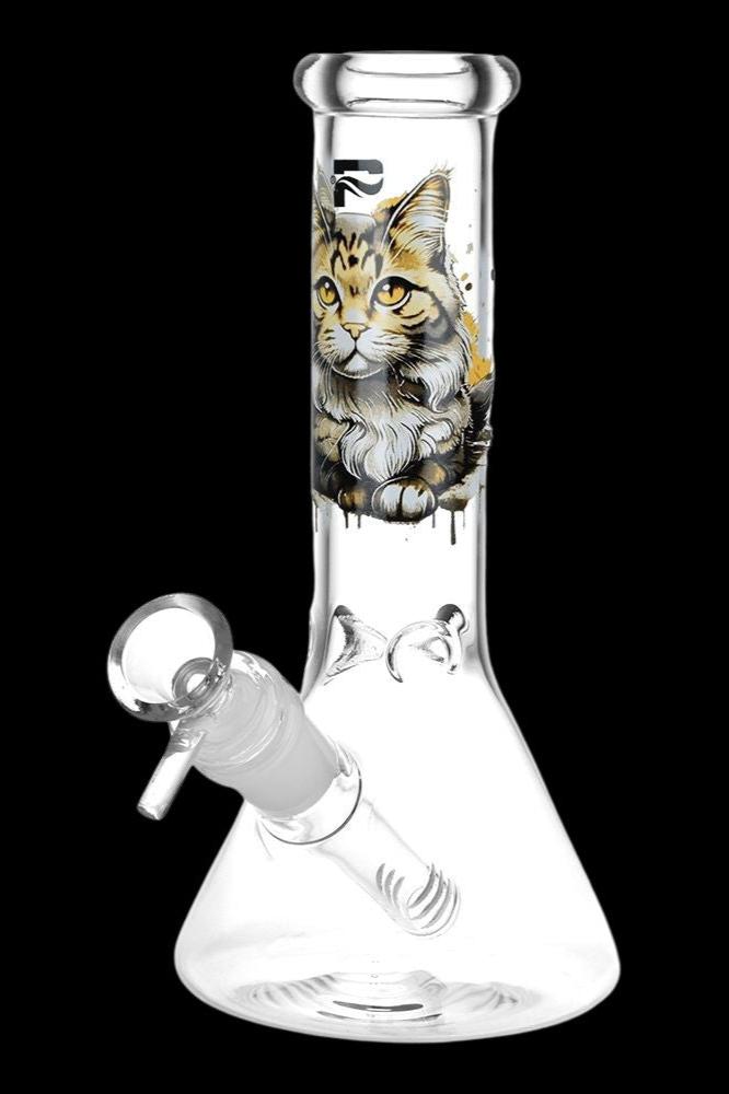 Glass bong with a cat illustration.