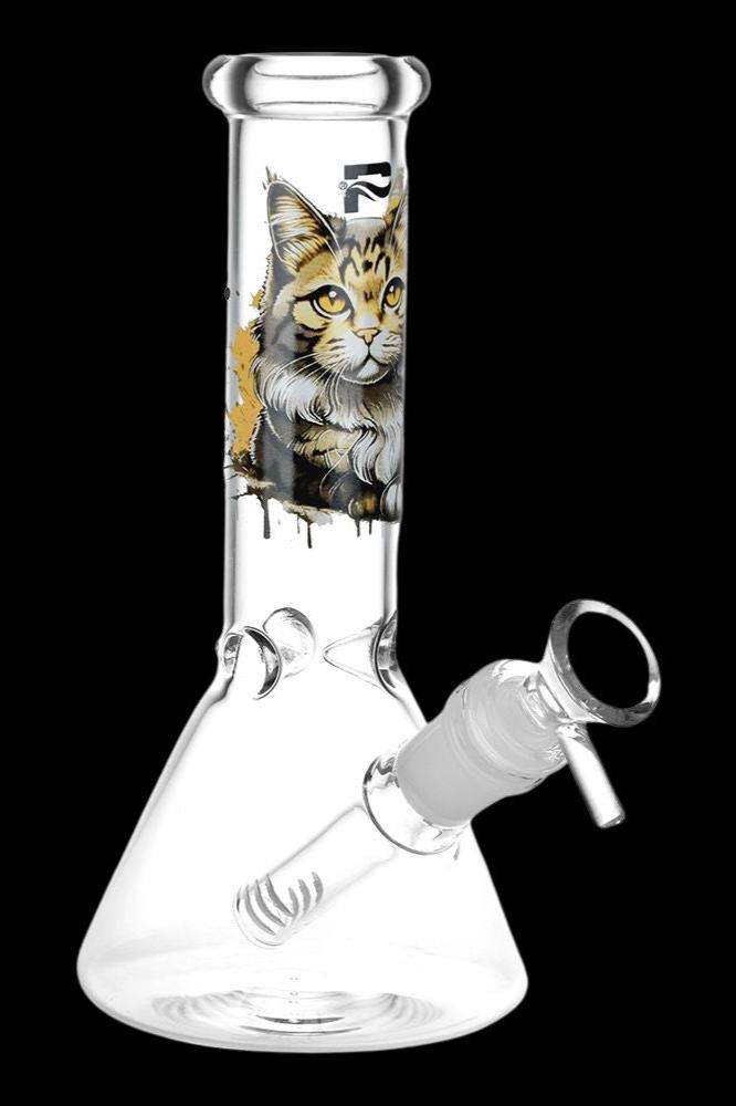 Glass bong with a cat graphic.