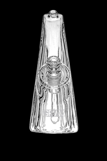 Clear glass rig with intricate swirling patterns, isolated on a black background.