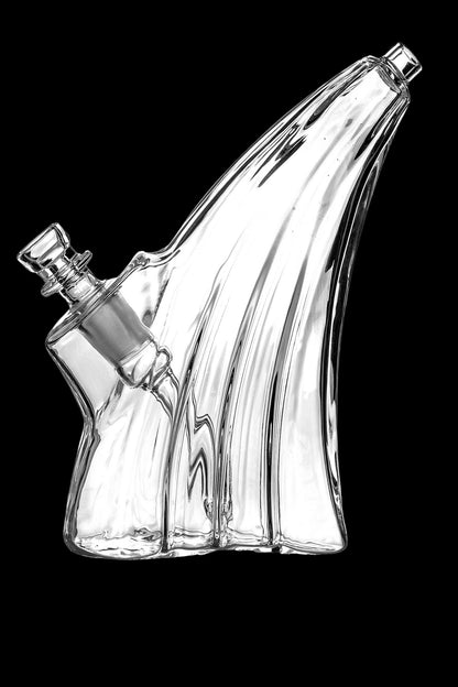 Clear glass water pipe (bong) with a flared base and angled neck.