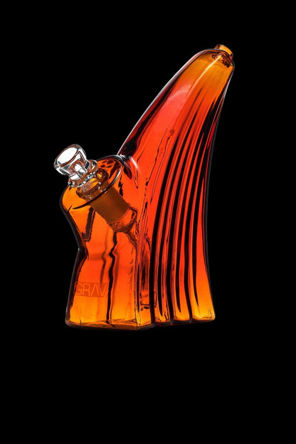 Red glass water pipe with intricate ridged design, labeled "GRAV."